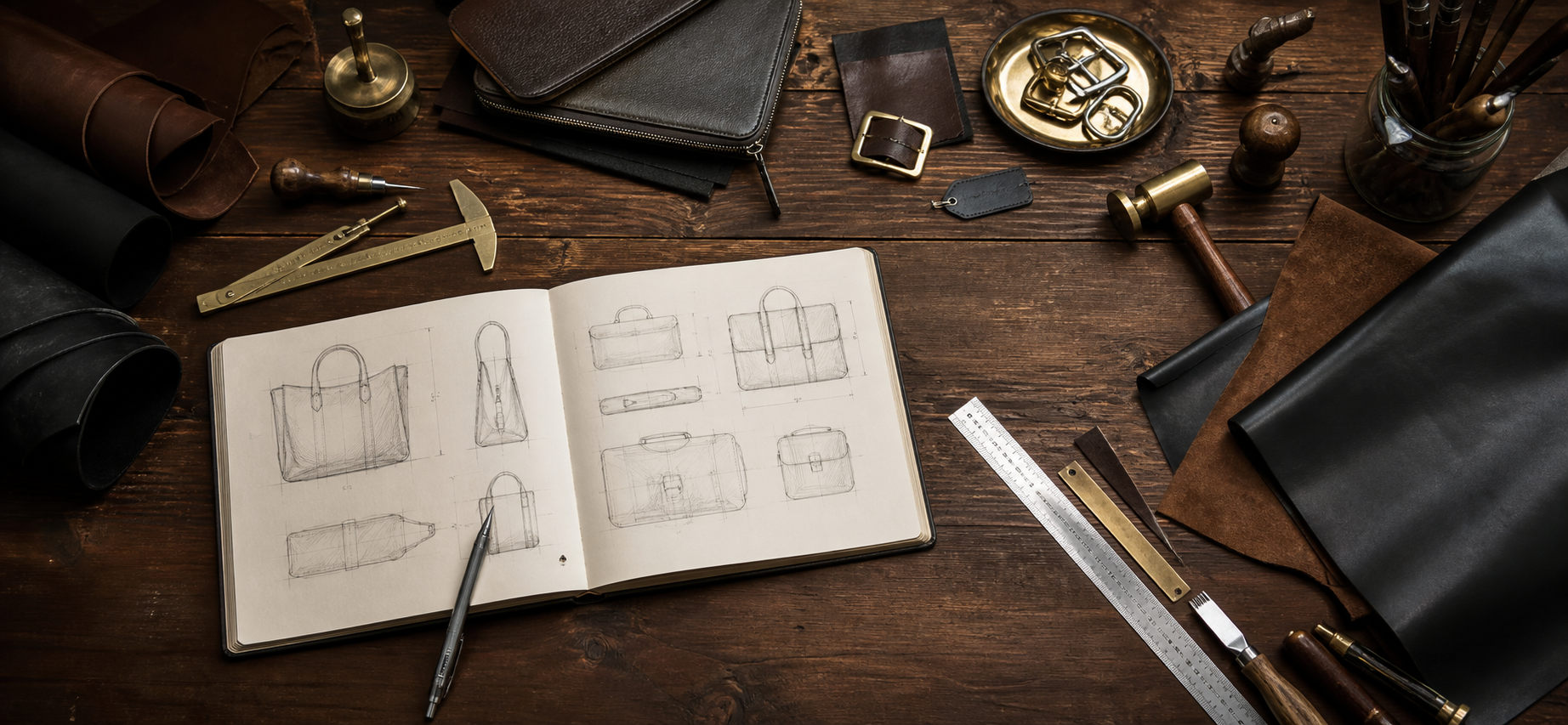 Leather goods design desk with sketchbook and tools